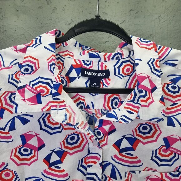 Lands End Button Up Shirt Women 2X 20-22 Cotton Roll Tab Sleeve Umbrella Print - Picture 3 of 15